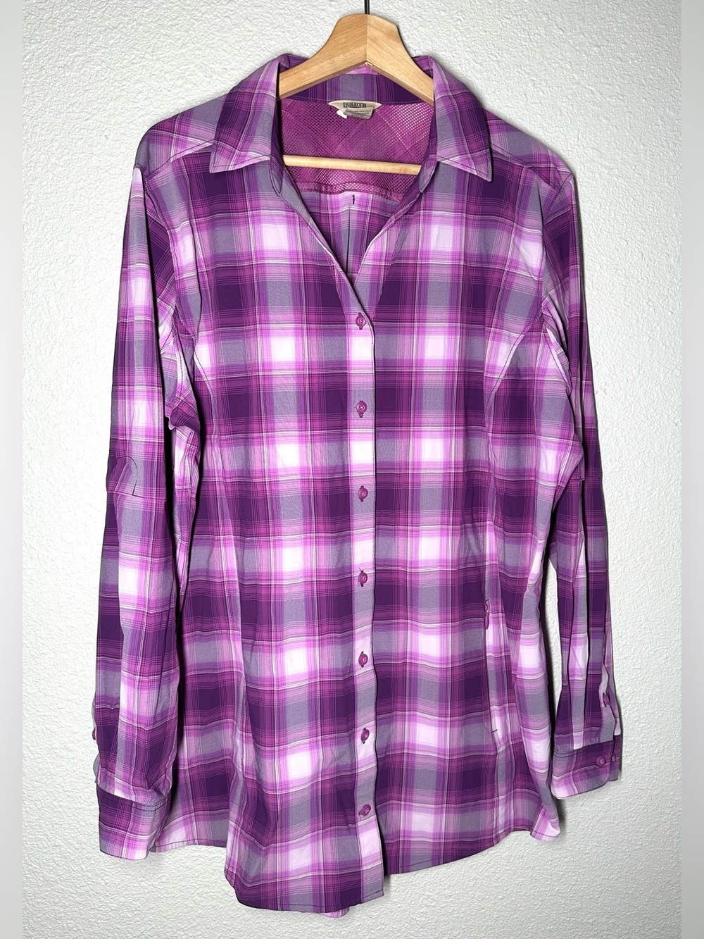 Duluth Trading Co Sidewinder Purple Plaid Roll Tab Sleeve Vented Hiking Shirt XL